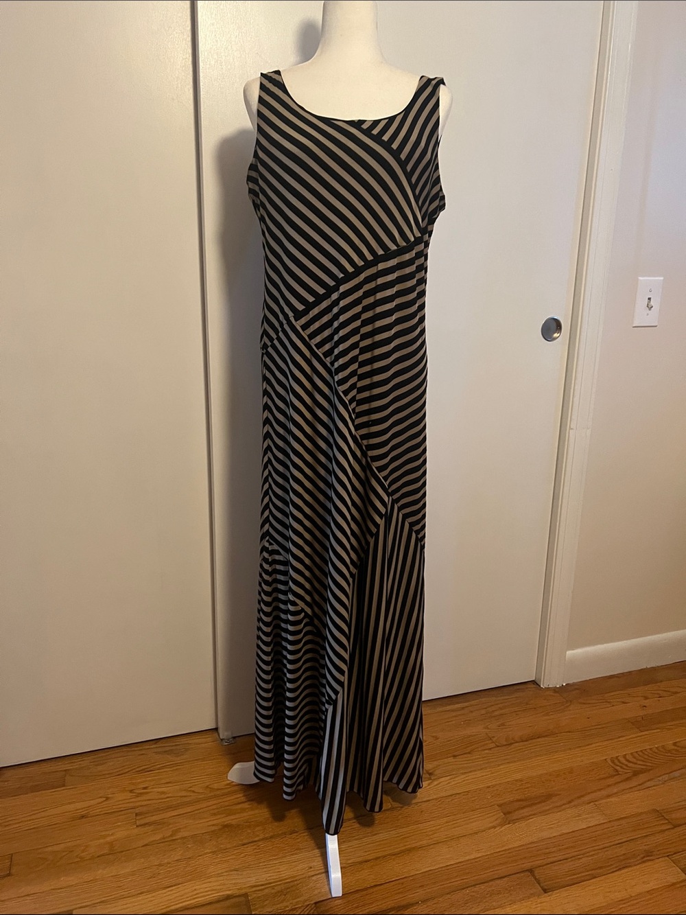 Flattering Linear Sleeveless Black and Taupe Striped Maxi Dress